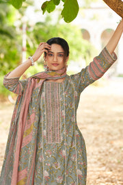 Grey Pure Cotton Hand Block Print Long Straight Cut Dress